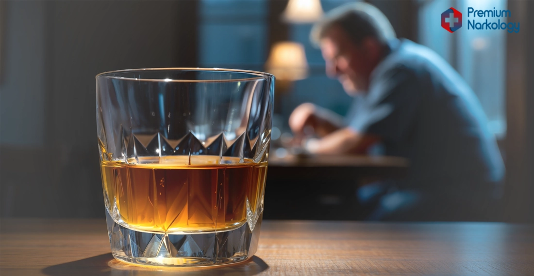 Мужчина спит за столом перед стаканом с алкоголем