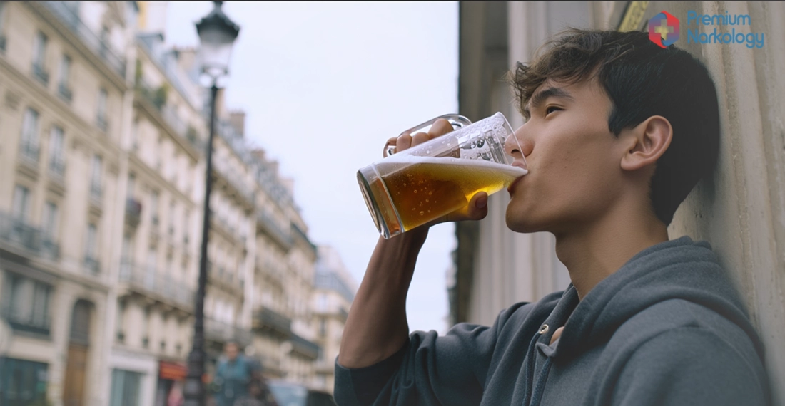 Мужчина пьёт алкоголь из бутылки на улице