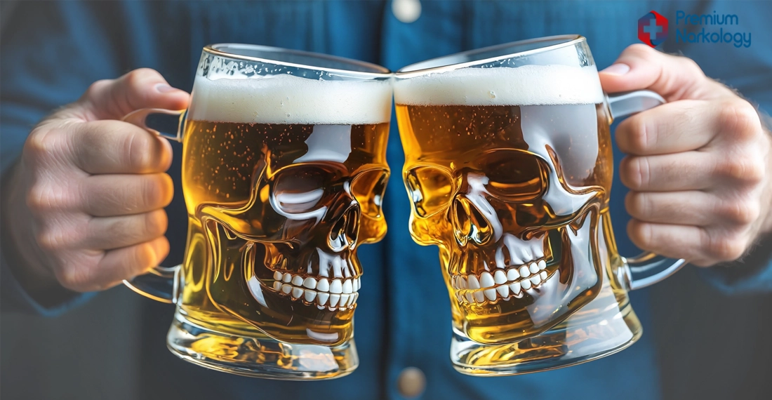 Кружки с пивом в виде черепов в руках